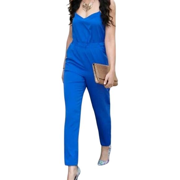 ASOS TALL royal blue jumpsuit Romper size 12 Spaghetti Straps Pockets - Picture 1 of 6